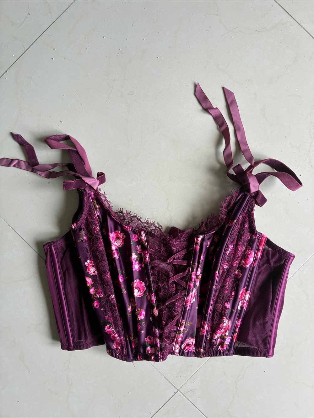 PINK Victoria's Secret Plum Floral Lace-Up Bustier with Pink Accents